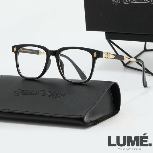 FrameOne Chrome Hearts Glasses – Black Frame with Gold Accents